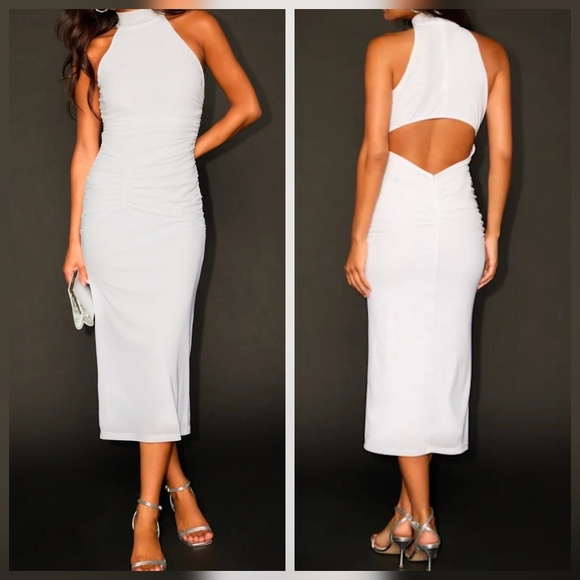 Lulus Dresses & Skirts - Lulus Audra White Mesh Mock Neck Bodycon Cutout Back Ruched Sides Midi Dress